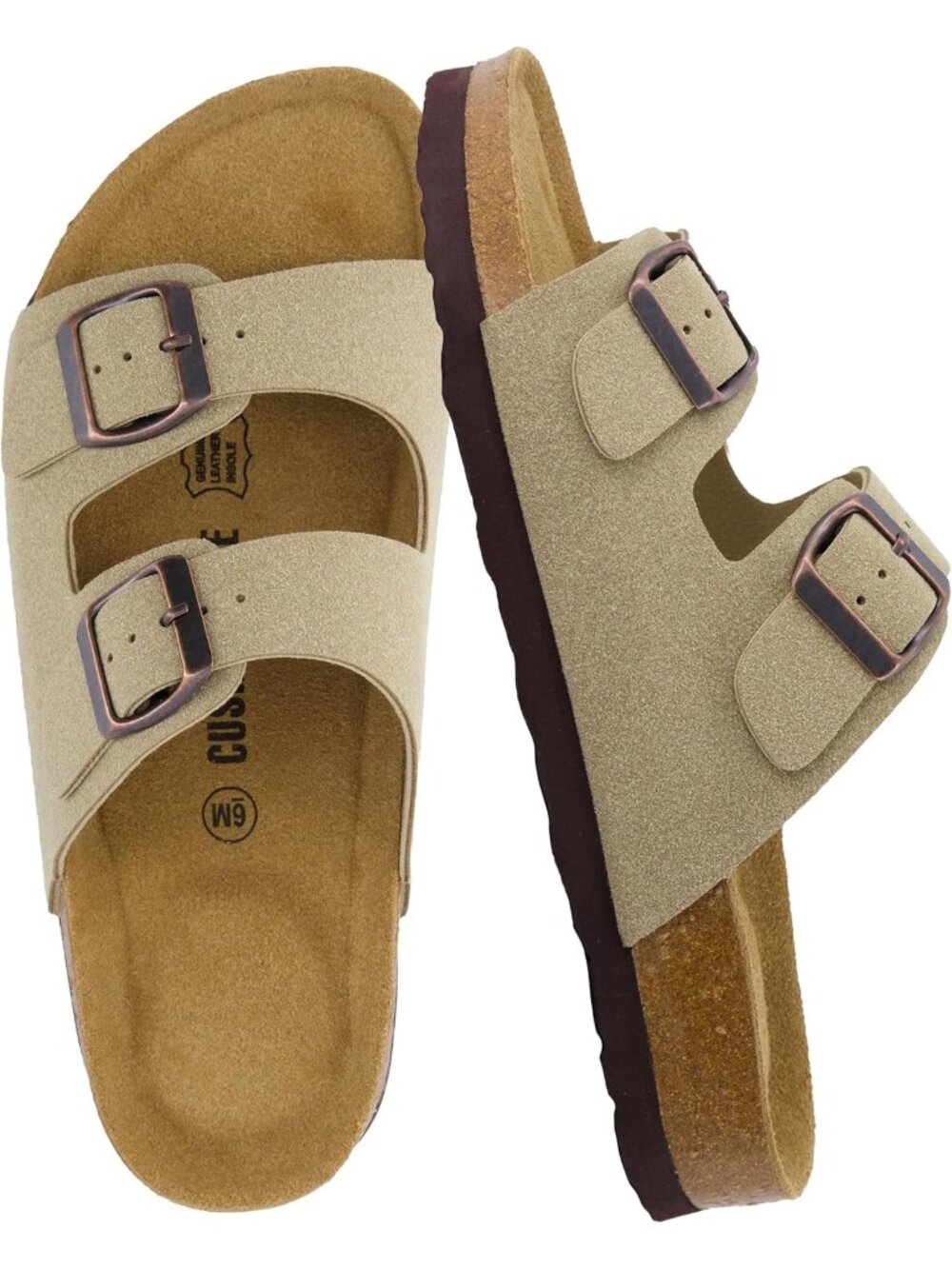 Women's Taupe Suede Footbed Sandals Comfort Double Buckle Two Strap Flats Shoes